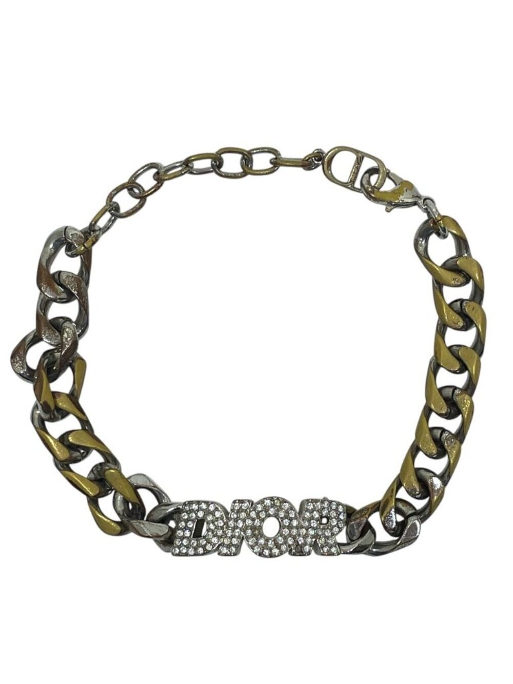 Dior Chain Link Bracelet Logo Rhinestone Metal Silver